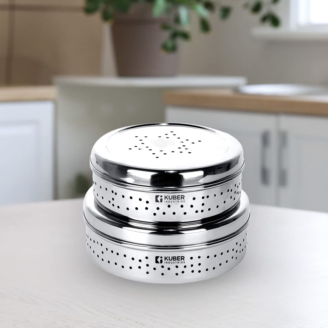 Kuber Industries Stainless Steel Flat Canister Set | Refrigerator Safe & Air Ventilated | Durable, Sturdy | Puri Dabbas with Holes | Storage Containers Set of 2