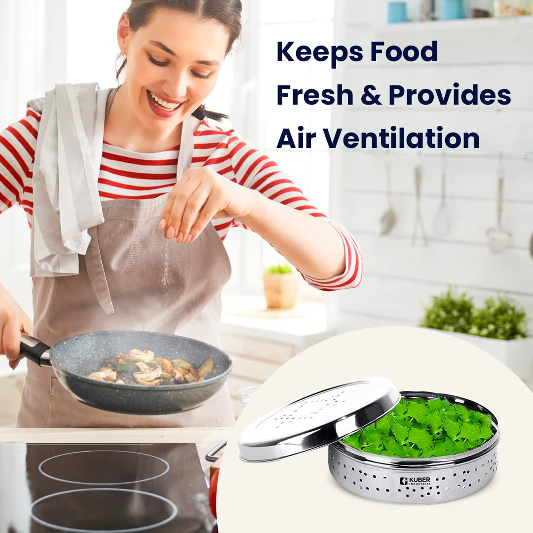 Kuber Industries Stainless Steel Flat Canister Set | Refrigerator Safe & Air Ventilated | Durable, Sturdy | Puri Dabbas with Holes | Storage Containers Set of 2
