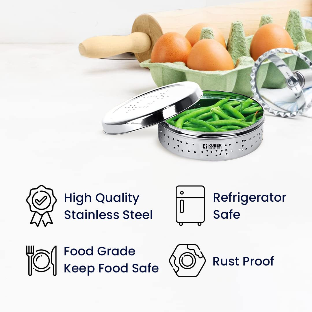 Kuber Industries Stainless Steel Flat Canister Set | Refrigerator Safe & Air Ventilated | Durable, Sturdy | Puri Dabbas with Holes | Storage Containers Set of 2