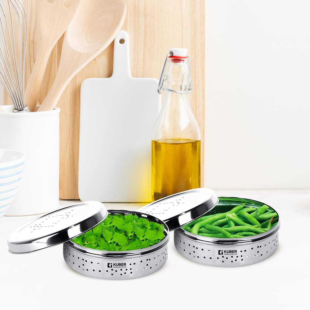 Kuber Industries Stainless Steel Flat Canister Set | Refrigerator Safe & Air Ventilated | Durable, Sturdy | Puri Dabbas with Holes | Storage Containers Set of 2