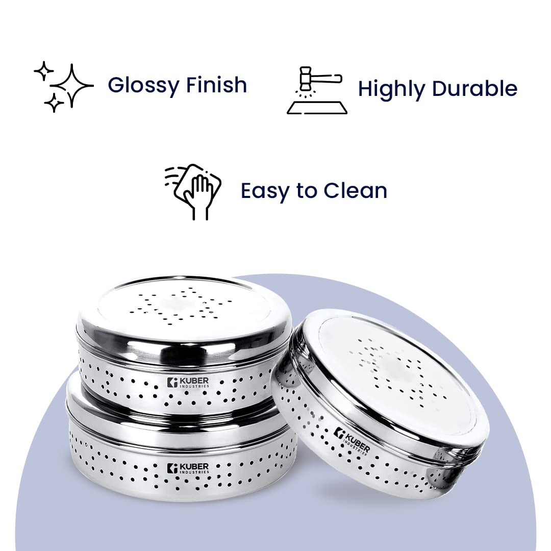 Kuber Industries Stainless Steel Flat Canister Set | Refrigerator Safe & Air Ventilated | Durable, Sturdy | Puri Dabbas with Holes | Storage Containers Set of 2