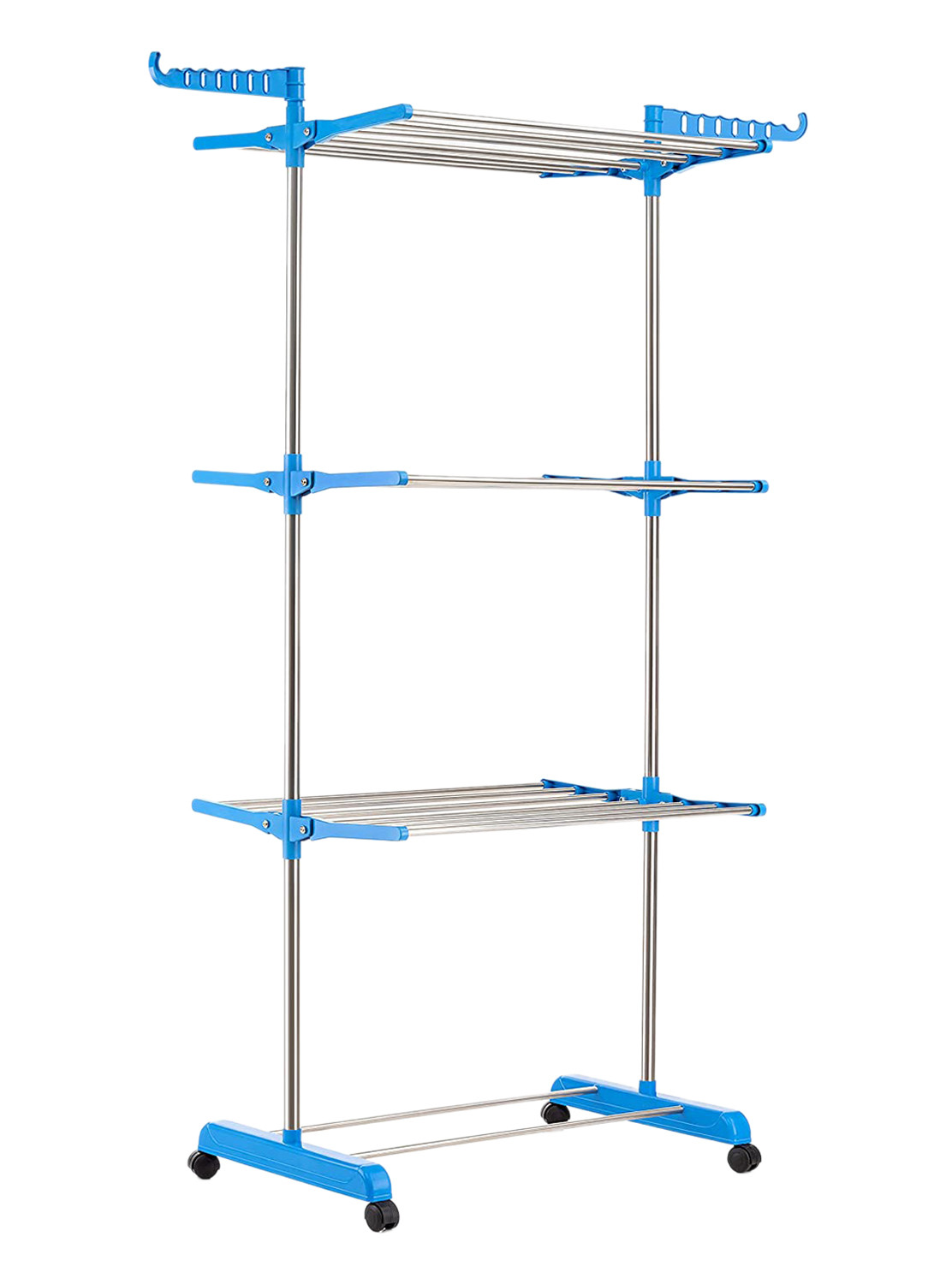 Kuber Industries Stainless Steel Foldable Rolling 3-Tier Clothes Dryer Rack For Home/Indoor/Outdoor/Balcony With Wheel (Blue)