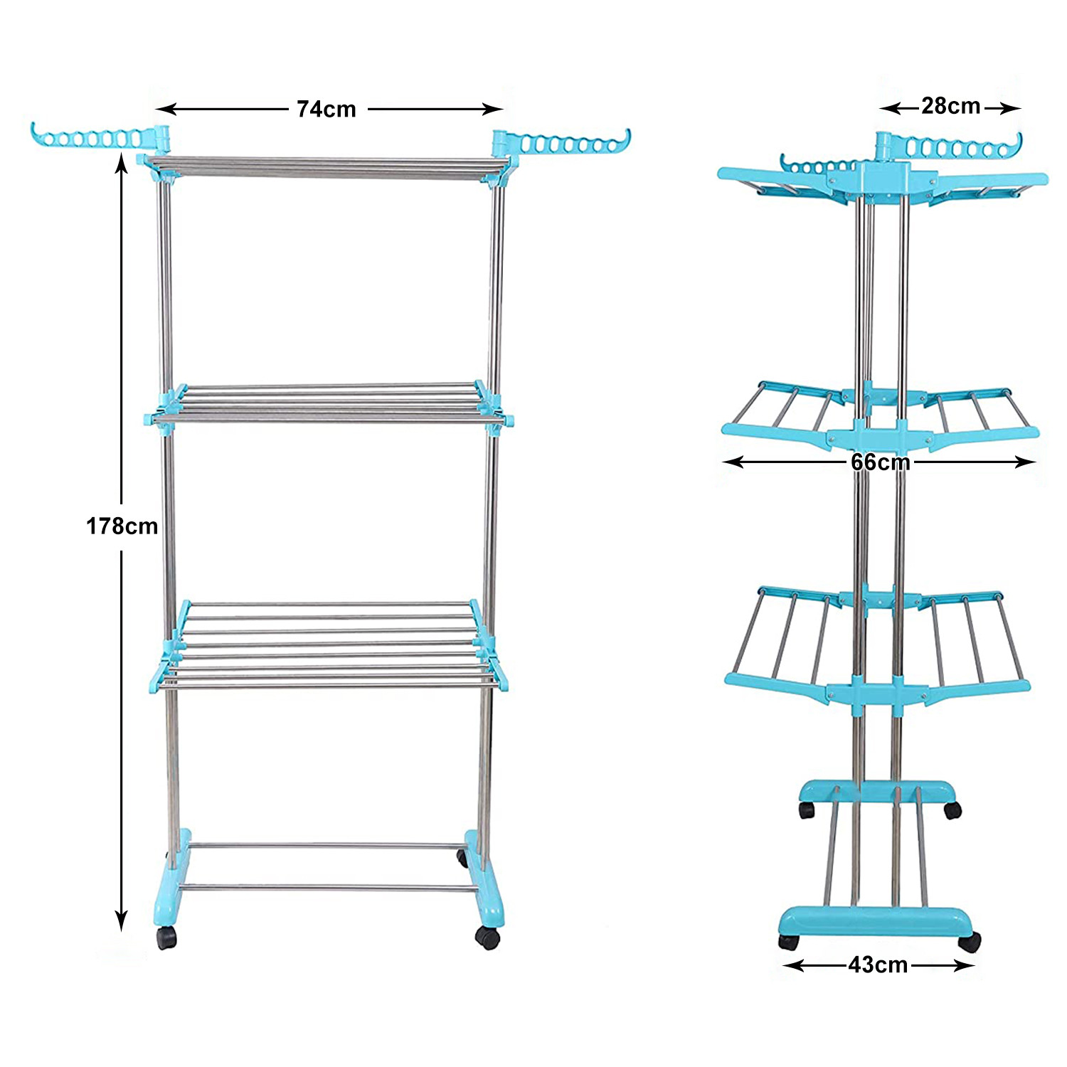 Kuber Industries Stainless Steel Foldable Rolling 3-Tier Clothes Dryer Rack For Home/Indoor/Outdoor/Balcony With Wheel (Blue)
