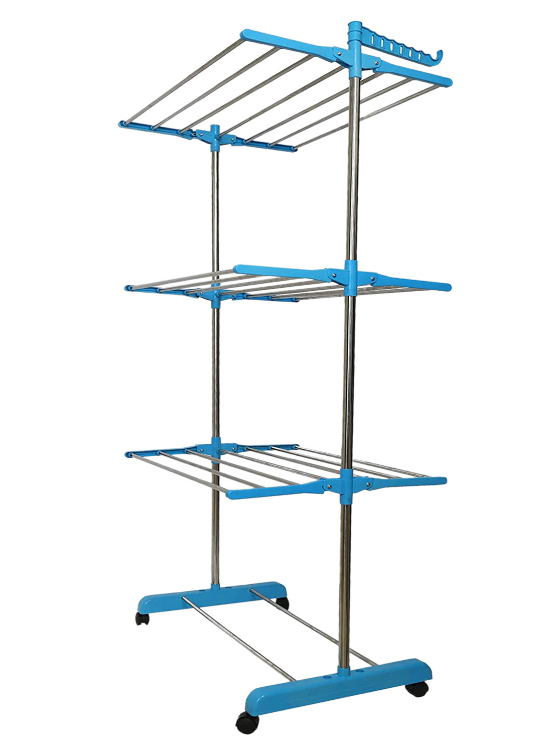 Kuber Industries Stainless Steel Foldable Rolling 3-Tier Clothes Dryer Rack For Home/Indoor/Outdoor/Balcony With Wheel (Blue)