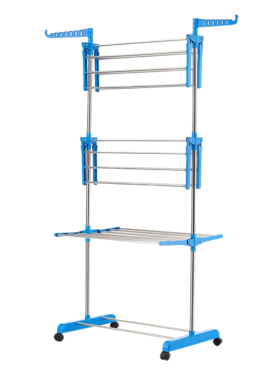 Kuber Industries Stainless Steel Foldable Rolling 3-Tier Clothes Dryer Rack For Home/Indoor/Outdoor/Balcony With Wheel (Blue)