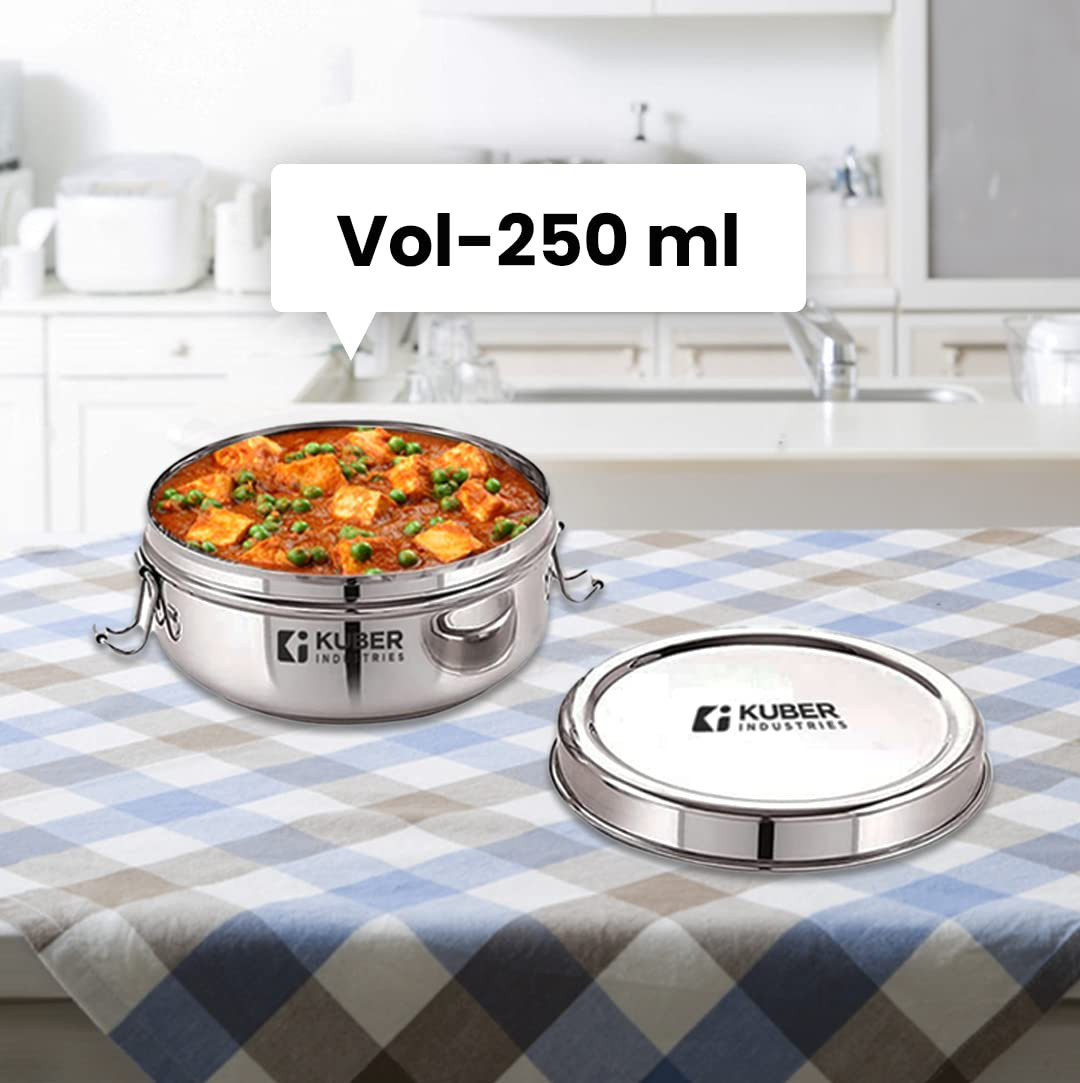 Kuber Industries Stainless Steel Food Pack Lunch Box with Steel Separator Plate and Locking Clip, 1 Pc-250 ml Capacity