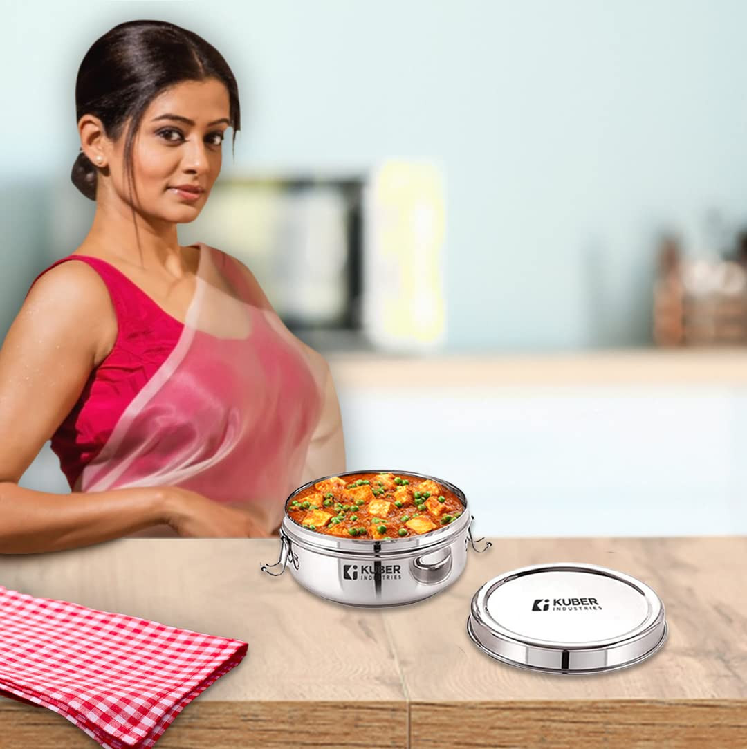 Kuber Industries Stainless Steel Food Pack Lunch Box with Steel Separator Plate and Locking Clip, 1 Pc-250 ml Capacity