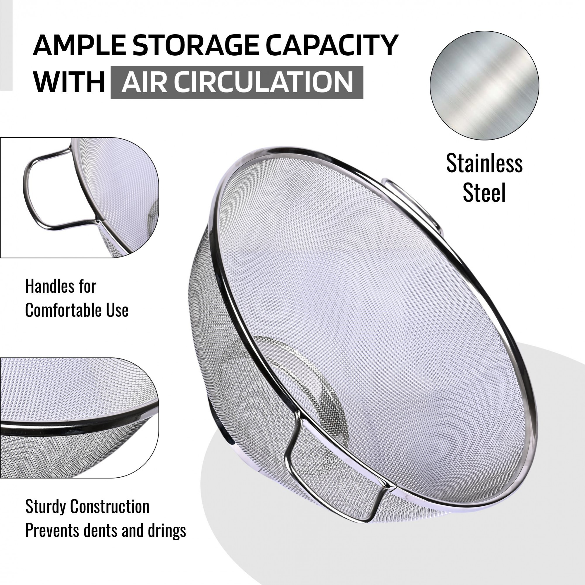 Kuber Industries Stainless Steel Fruit Basket for Dining Table  Colander  RiceVegetable Strainer for Kitchen  With Handles - Silver