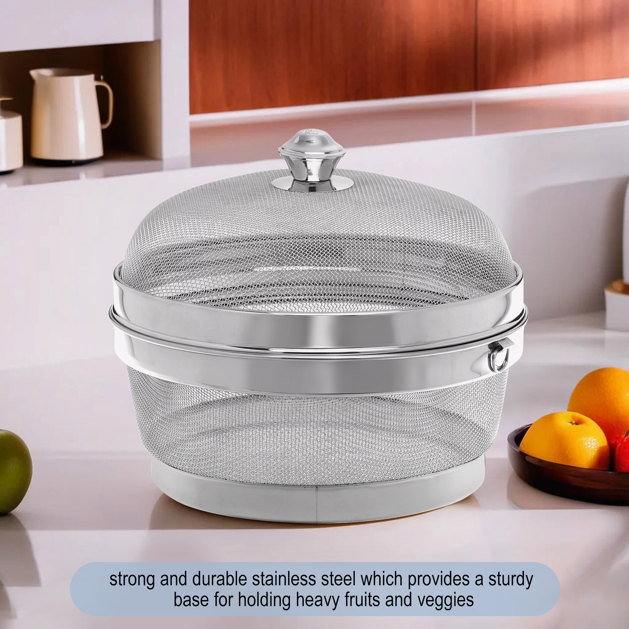 Kuber Industries Stainless Steel Fruit Basket for Dining Table With Net Cover  Lid - Vegetable Organizer Bowl StorageHolder for Kitchen