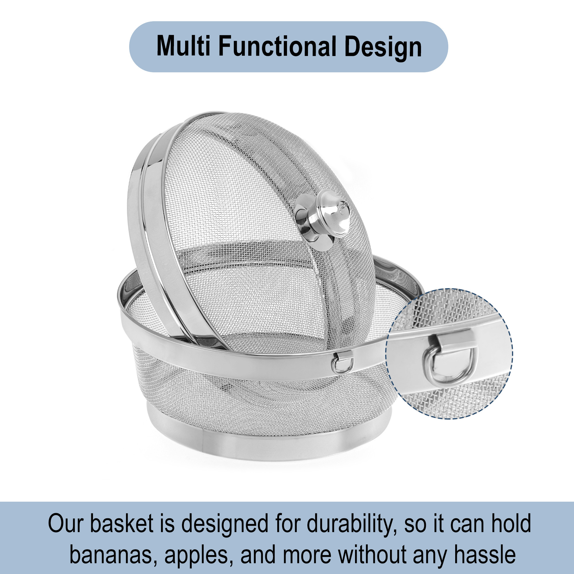 Kuber Industries Stainless Steel Fruit Basket for Dining Table With Net Cover  Lid - Vegetable Organizer Bowl StorageHolder for Kitchen