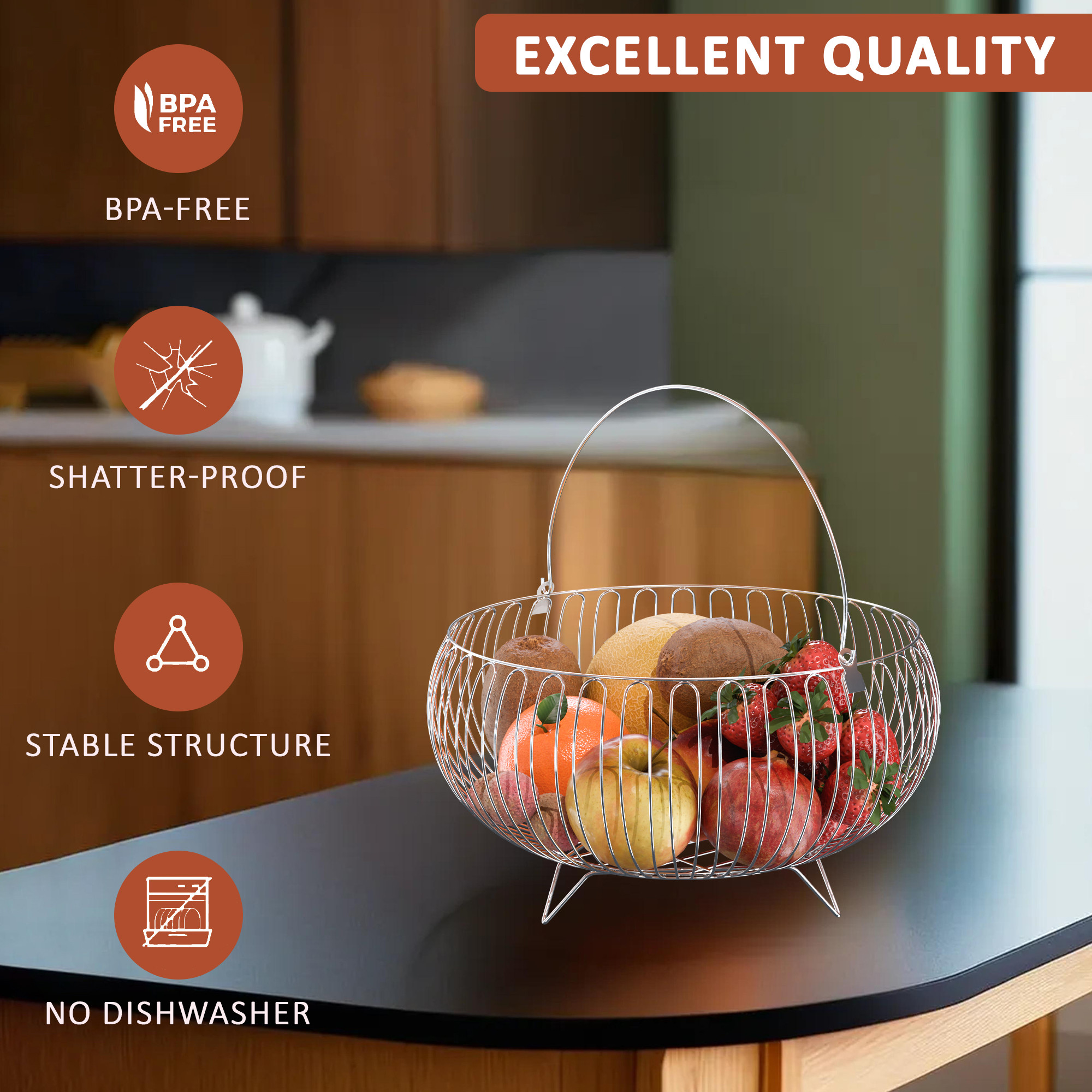 Kuber Industries Stainless Steel Fruits  Vegetable Stand for Dining Table with Handle  Garlic  Onion Tokri Basket for Kitchen  Countertop Aloo Pyaz Storage Basket Bowl  Silver