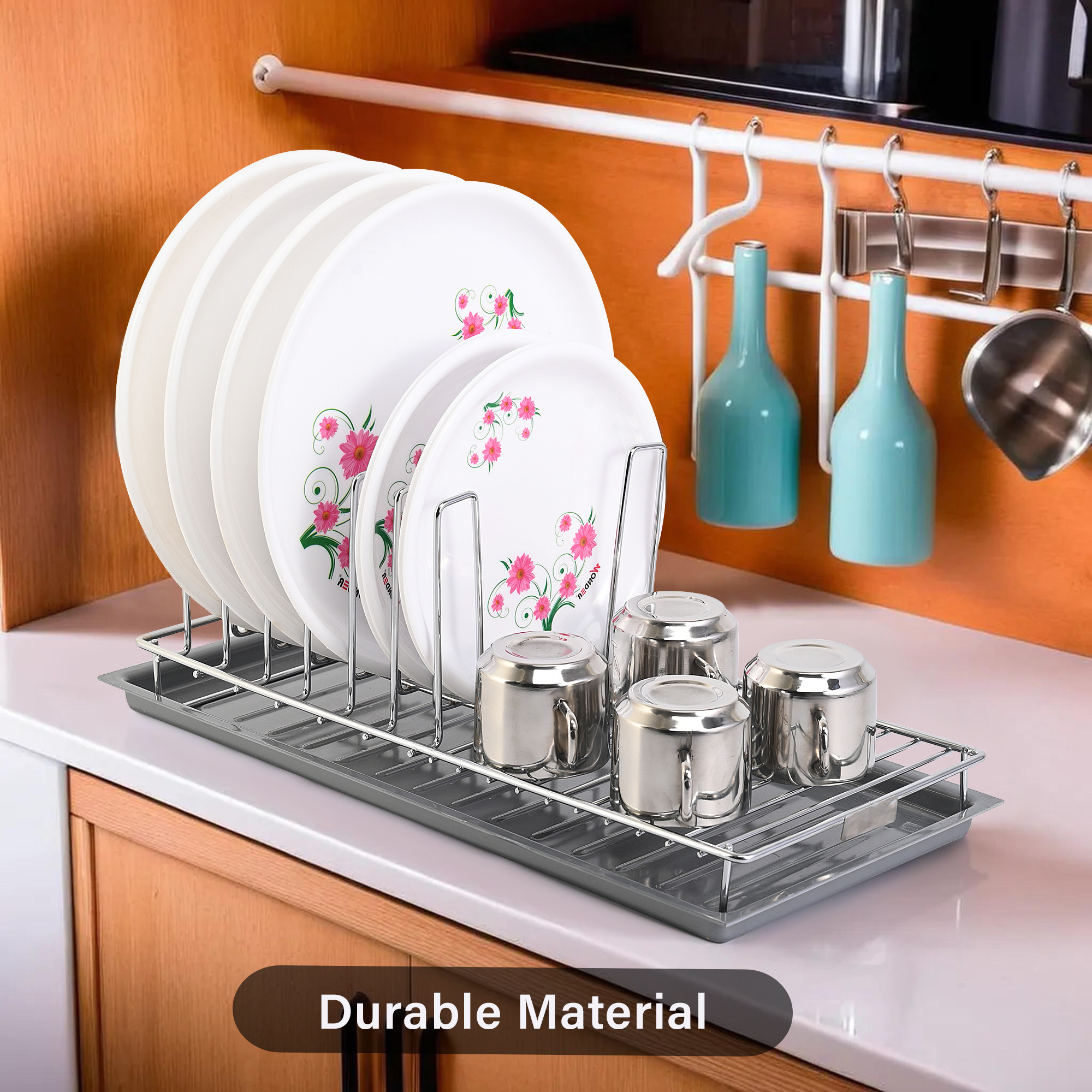 Kuber Industries Stainless Steel Glass  Plate Stand for Kitchen  Crockery Rack Organizer With Draining Tray Included - Silver  Grey