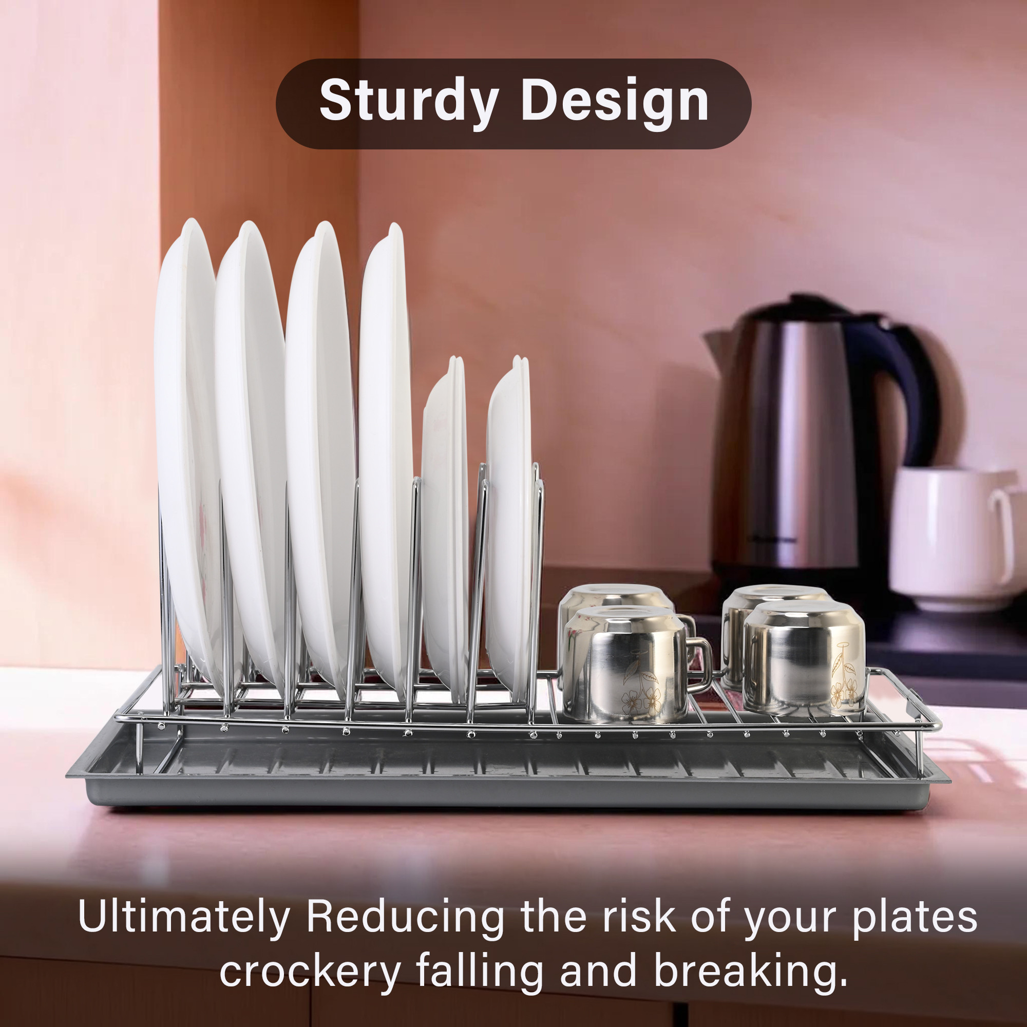 Kuber Industries Stainless Steel Glass  Plate Stand for Kitchen  Crockery Rack Organizer With Draining Tray Included - Silver  Grey