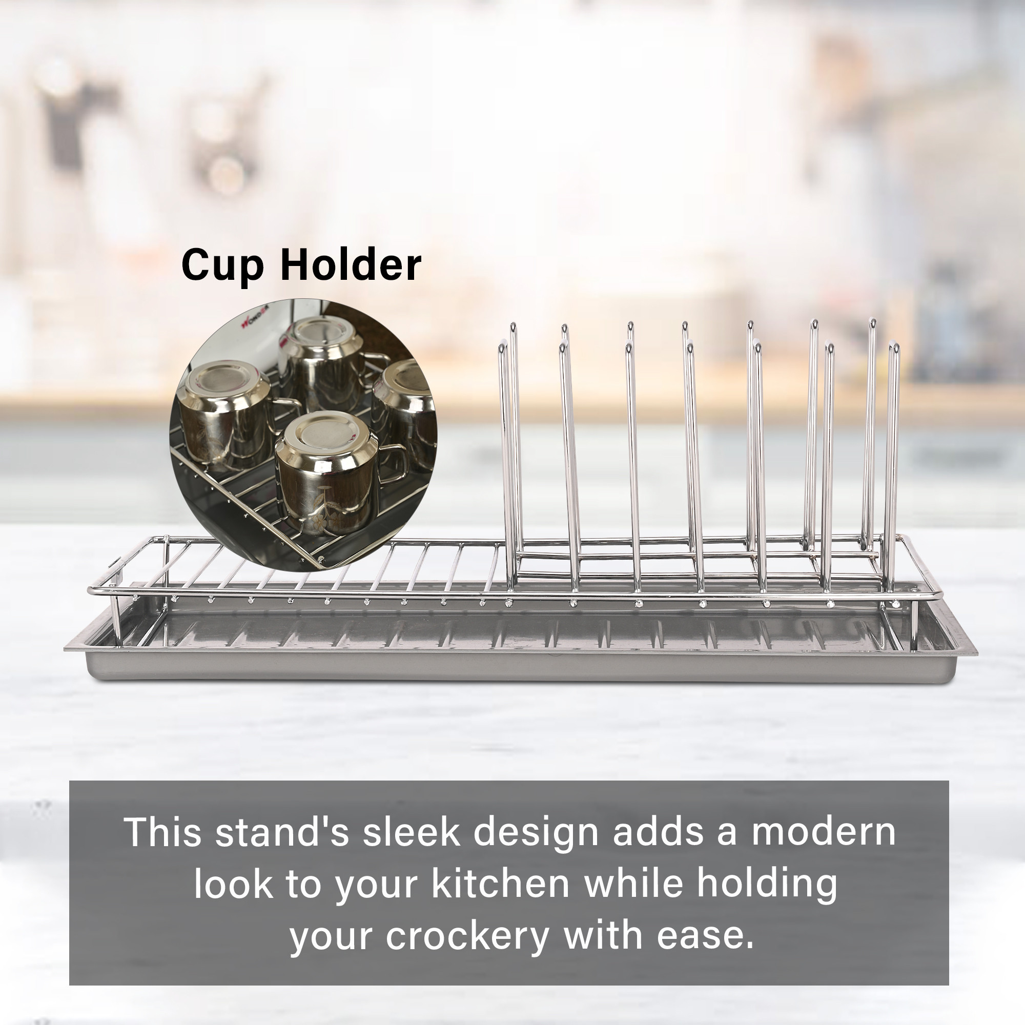 Kuber Industries Stainless Steel Glass  Plate Stand for Kitchen  Crockery Rack Organizer With Draining Tray Included - Silver  Grey
