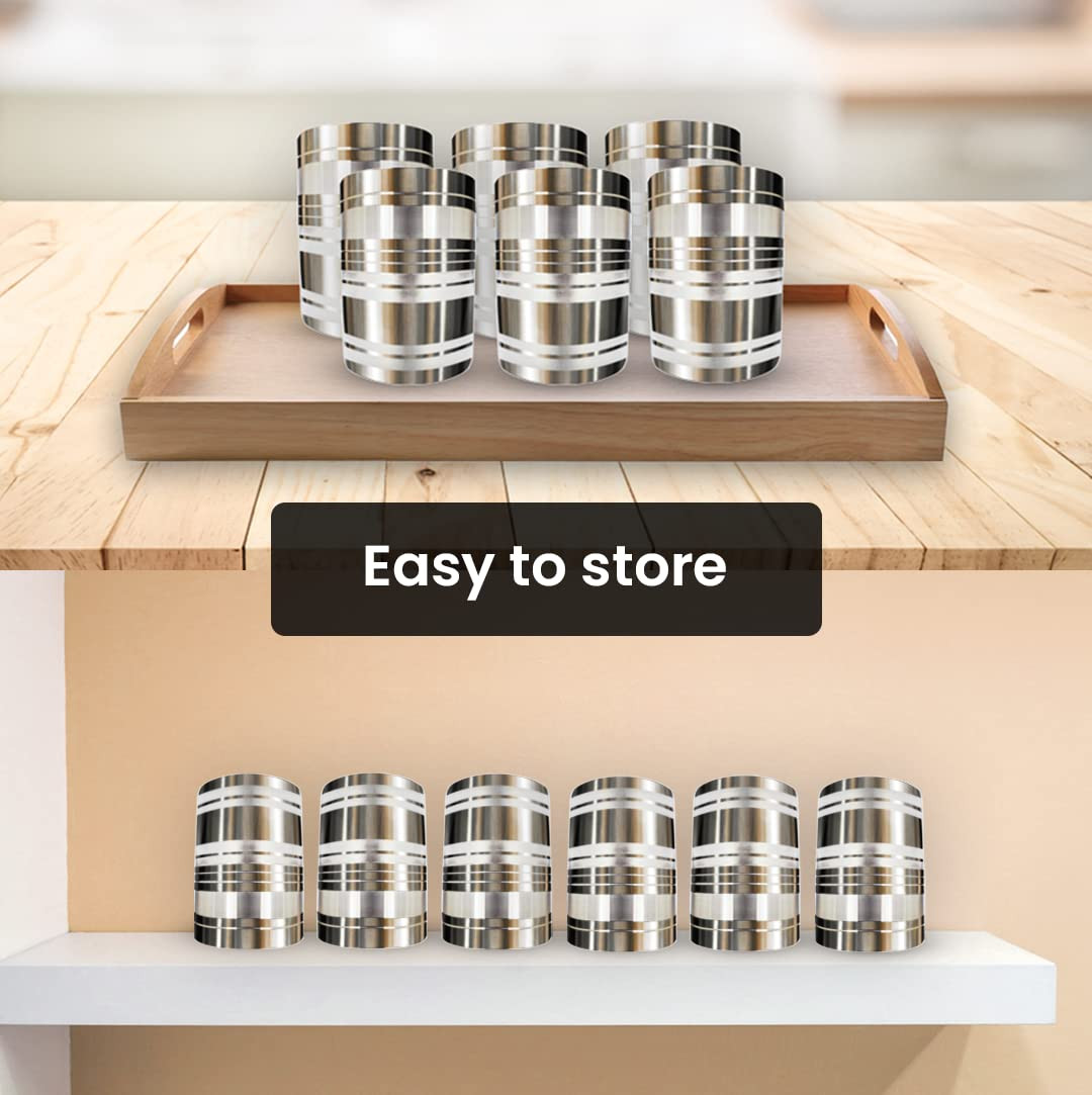 Kuber Industries Stainless Steel Glass Set | Wobble Free Base, Durable | Multipurpose, Elegant Design & Mirror Finish | Easy to Clean & Store | Steel Glass Set 6