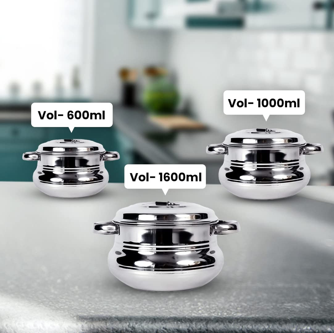 Kuber Industries Stainless Steel Handi Casserole Set of 3 with Lid I Cook and Serve I 600 ml, 1 Litre, 1.6 Litre Capacity I Biryani Handi, Saucepan, Silver I Patila/Tope for Kitchen Combo of 3