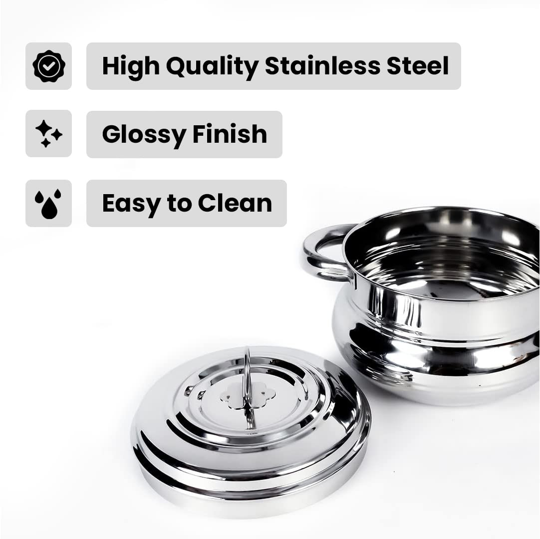 Kuber Industries Stainless Steel Handi Casserole Set of 3 with Lid I Cook and Serve I 600 ml, 1 Litre, 1.6 Litre Capacity I Biryani Handi, Saucepan, Silver I Patila/Tope for Kitchen Combo of 3