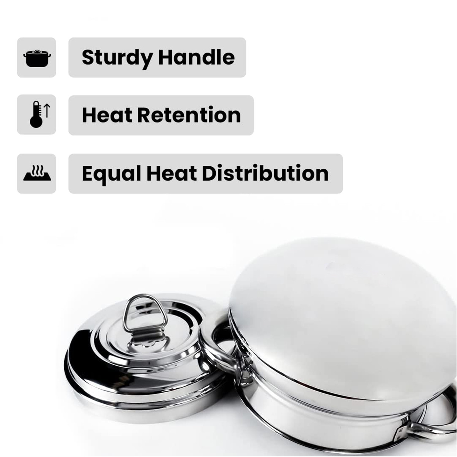 Kuber Industries Stainless Steel Handi Casserole Set of 3 with Lid I Cook and Serve I 600 ml, 1 Litre, 1.6 Litre Capacity I Biryani Handi, Saucepan, Silver I Patila/Tope for Kitchen Combo of 3