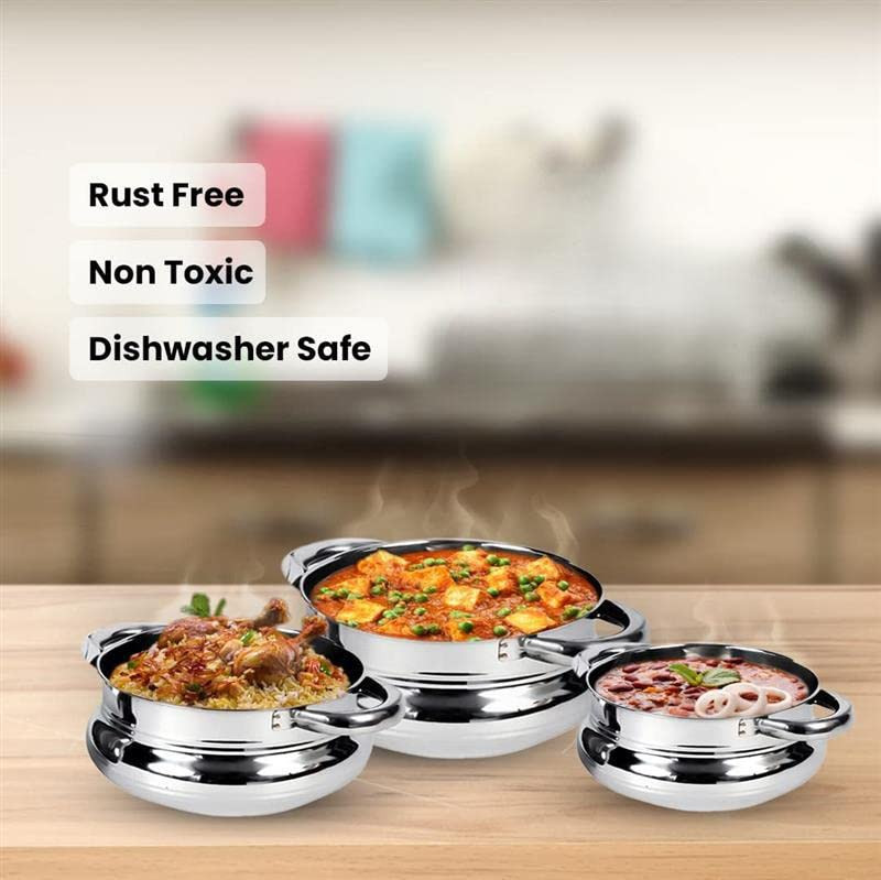 Kuber Industries Stainless Steel Handi Casserole Set of 3 with Lid I Cook and Serve I 600 ml, 1 Litre, 1.6 Litre Capacity I Biryani Handi, Saucepan, Silver I Patila/Tope for Kitchen Combo of 3