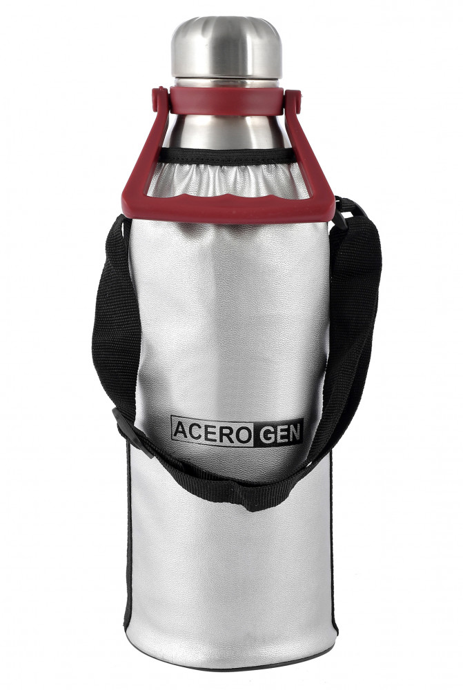 Kuber Industries Stainless Steel Hot And Cold Vacuum Flask With Carrying Handle &amp; Pouch, 1800ml (Silver)-HS42KUBMART25153