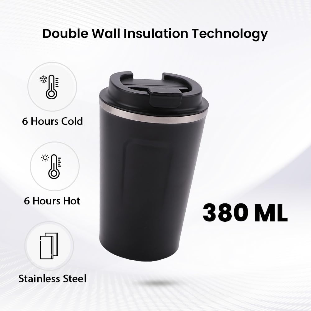 Kuber Industries Stainless Steel Insulated Coffee Cup With Sipper MouthTravel Coffee Mug 380 MLBlack