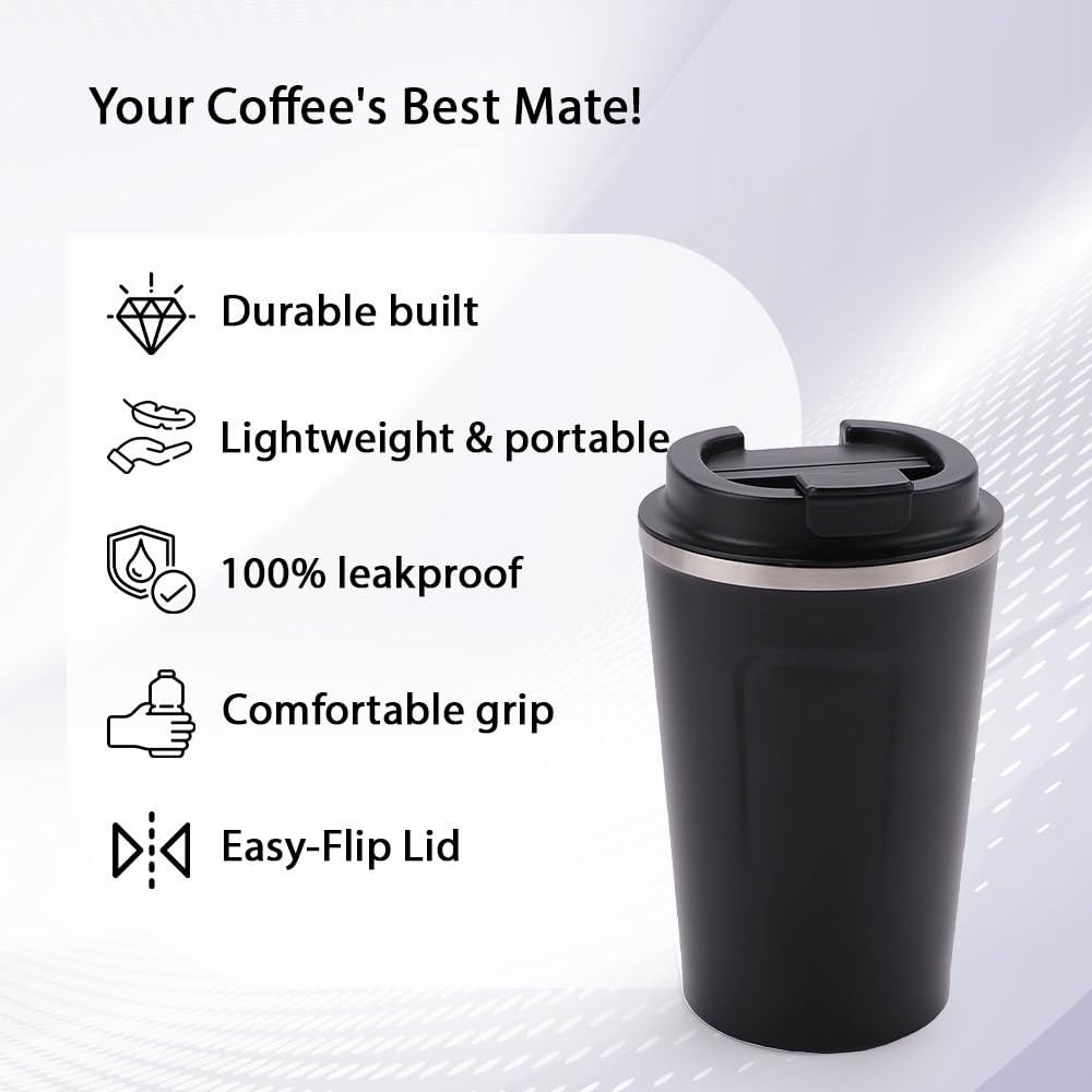 Kuber Industries Stainless Steel Insulated Coffee Cup With Sipper MouthTravel Coffee Mug 380 MLBlack