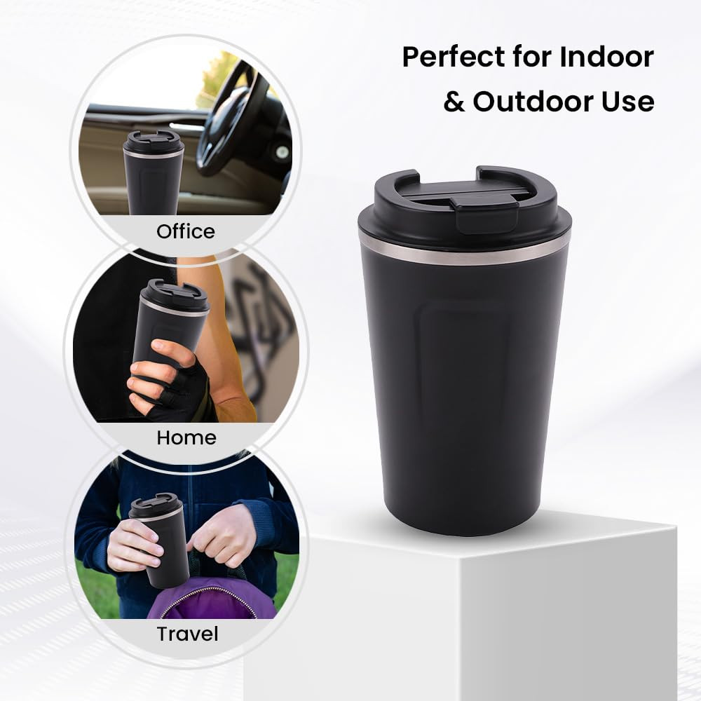 Kuber Industries Stainless Steel Insulated Coffee Cup With Sipper MouthTravel Coffee Mug 380 MLBlack