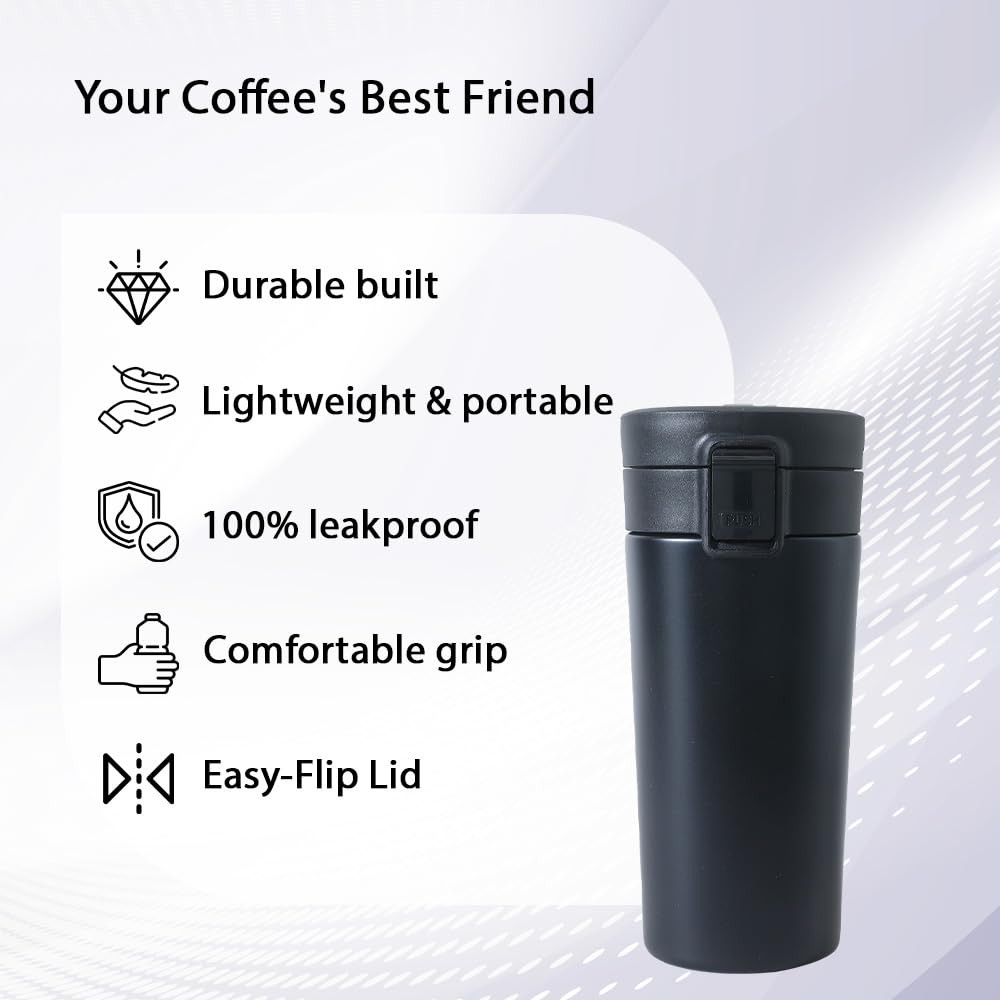 Kuber industries Stainless Steel Insulated Coffee Tumbler With Sipper Lid 380 ML (Black)