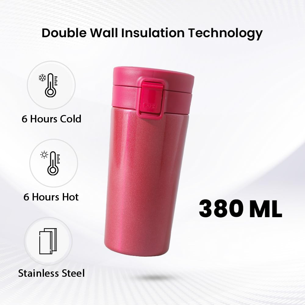 Kuber industries Stainless Steel Insulated Coffee Tumbler With Sipper Lid 380 ML (Red)