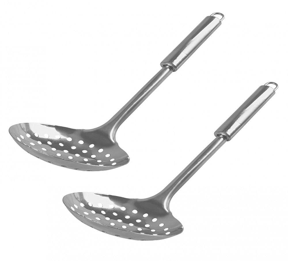 Kuber Industries Stainless Steel Jhara/Skimmer/Strainer Steel Frying Spoon/deep Fry for Kitchen-Pack of 2 (Silver)