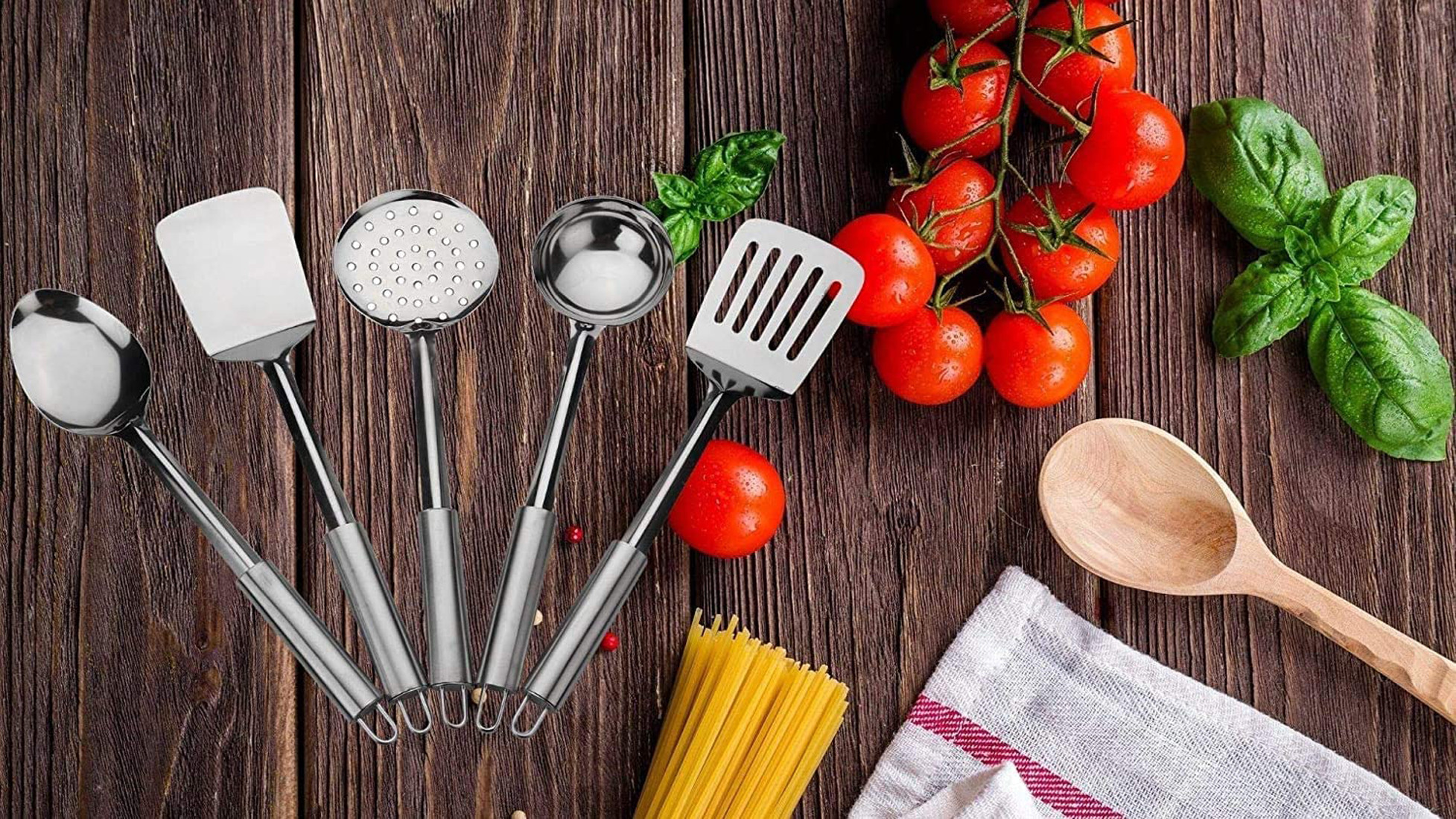 Kuber Industries Stainless Steel Kitchen Utensil Set - 5 Cooking Utensils - Nonstick Kitchen Utensils Cookware Set Best Kitchen Gadgets Kitchen Tool Set Gift (Silver)