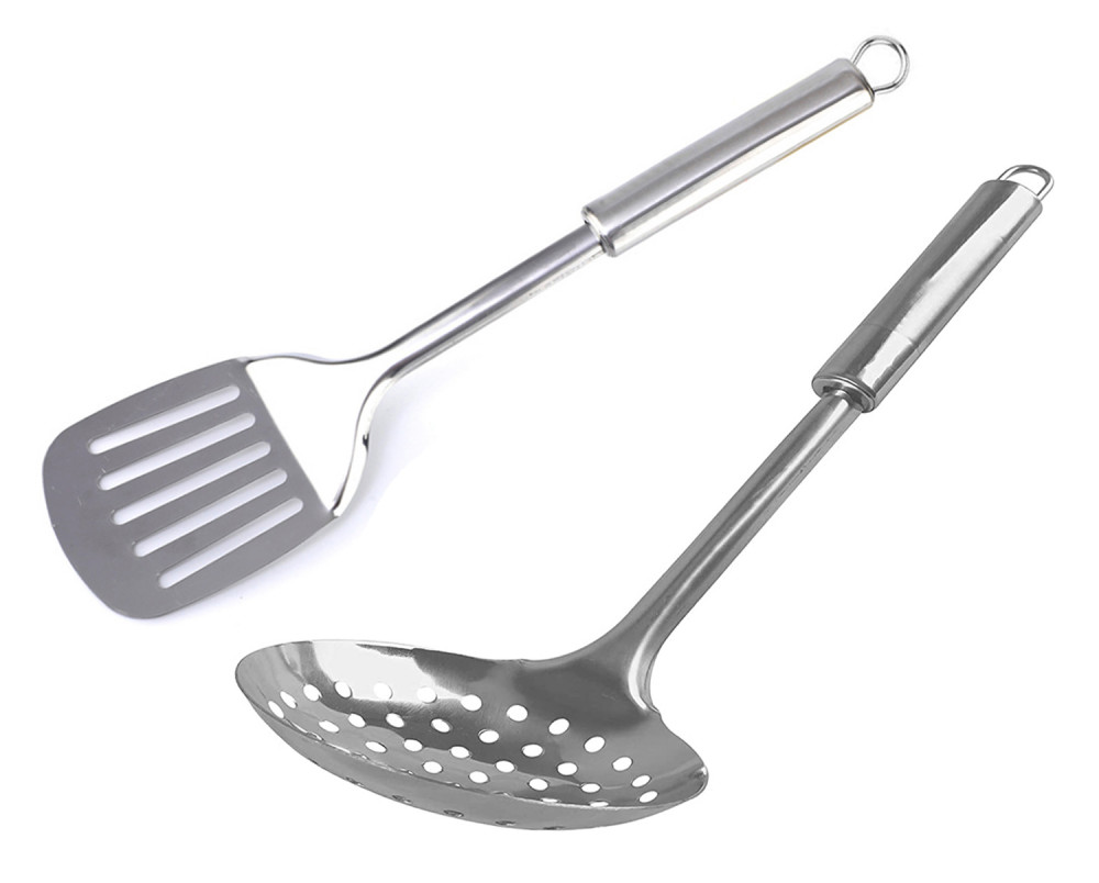 Kuber Industries Stainless Steel Kitchen Utensil Set of 2 (Slotted Turner &amp; Skimmer) Cooking Utensils - Nonstick Kitchen Utensils Cookware Set Best Kitchen Gadgets Kitchen Tool Set Gift (Silver)