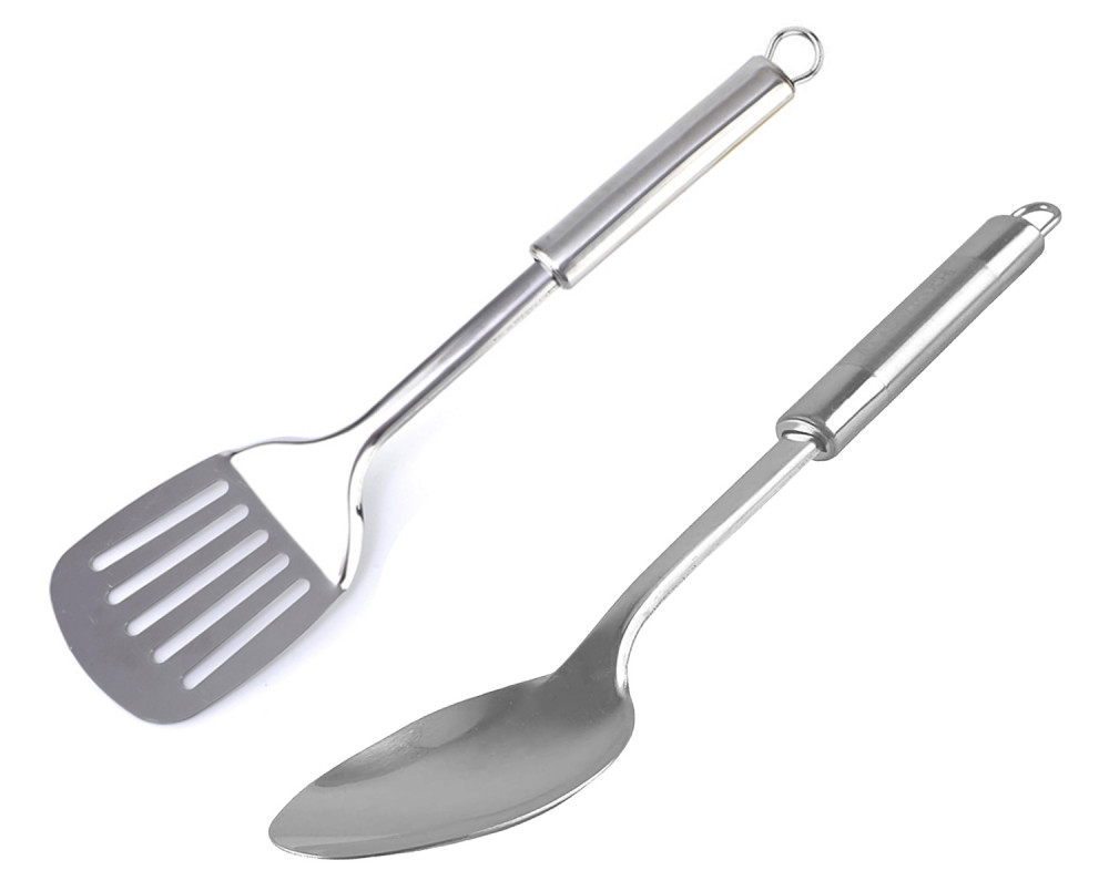 Kuber Industries Stainless Steel Kitchen Utensil Set of 2 (Slotted Turner &amp; Solid Turner) Cooking Utensils - Nonstick Kitchen Utensils Cookware Set Best Kitchen Gadgets Kitchen Tool Set Gift (Silver)