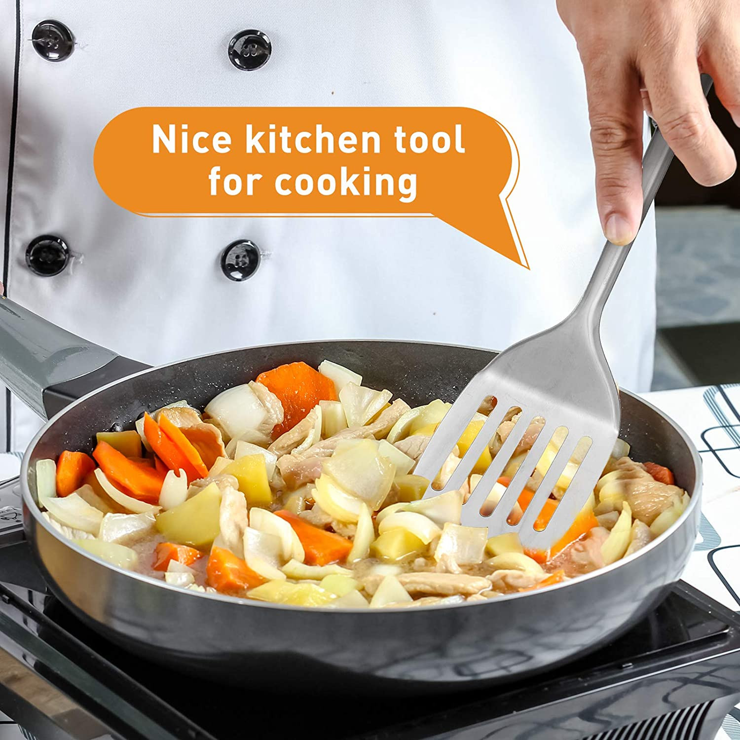 Kuber Industries Stainless Steel Kitchen Utensil Set of 2 (Slotted Turner & Solid Turner) Cooking Utensils - Nonstick Kitchen Utensils Cookware Set Best Kitchen Gadgets Kitchen Tool Set Gift (Silver)