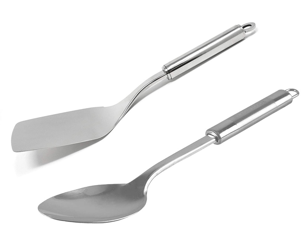 Kuber Industries Stainless Steel Kitchen Utensil Set of 2 (Spatula &amp; Solid Turner) Cooking Utensils - Nonstick Kitchen Utensils Cookware Set Best Kitchen Gadgets Kitchen Tool Set Gift (Silver)