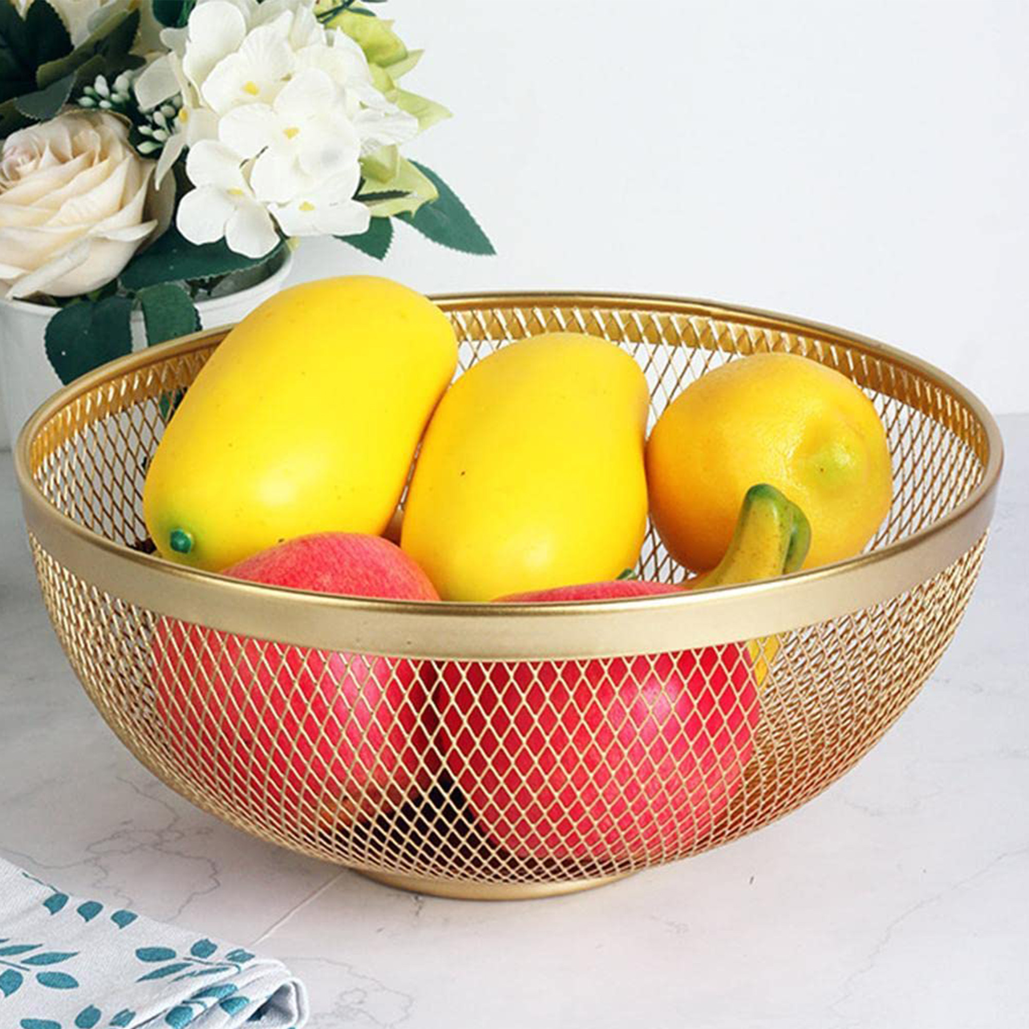Kuber Industries Stainless Steel Mesh Fruit Basket For Dining Table  Multipurpose  Easy-to-Clean Veg Basket For Kitchen - Perfect For Office Home  Restaurant HW-14-GD  Gold