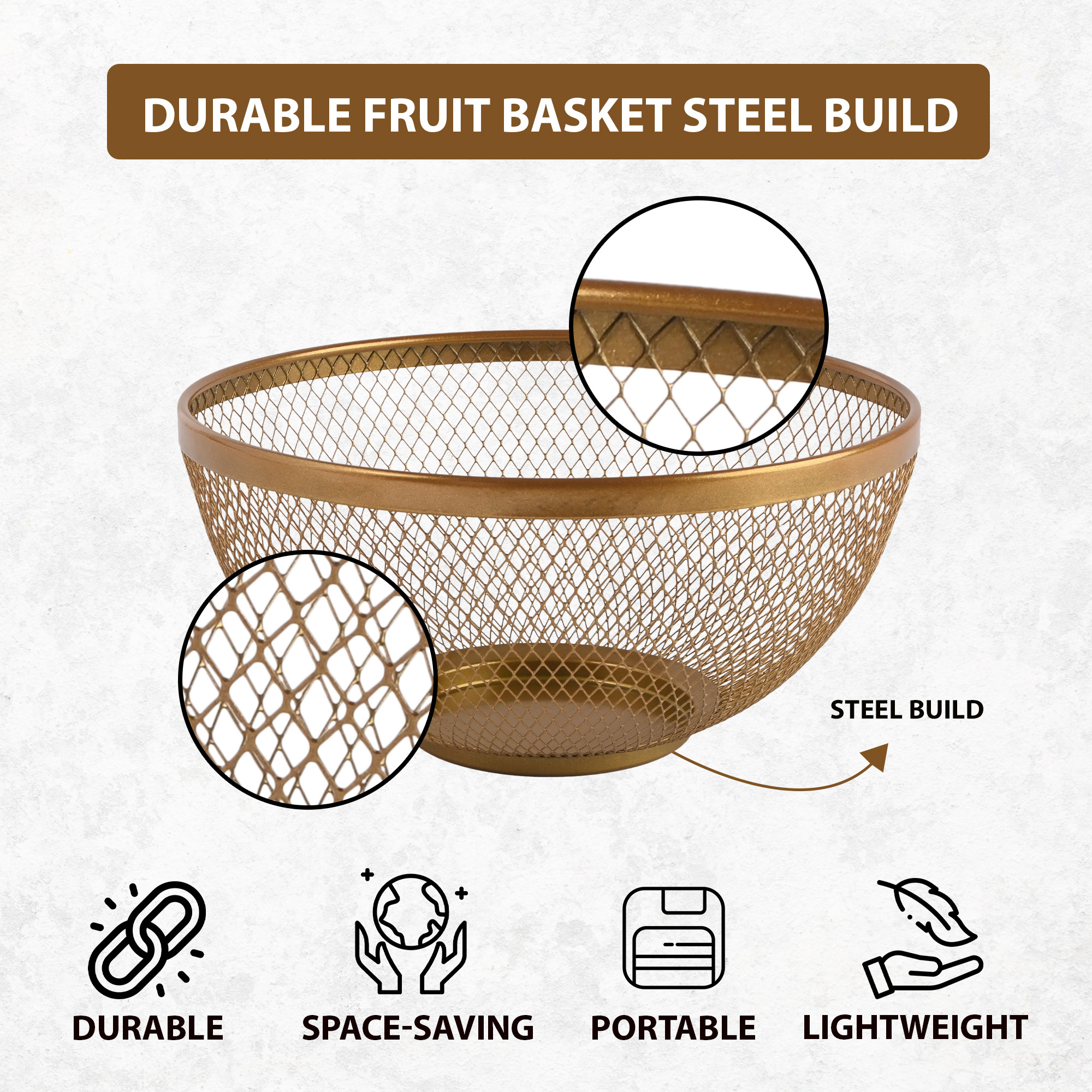 Kuber Industries Stainless Steel Mesh Fruit Basket For Dining Table  Multipurpose  Easy-to-Clean Veg Basket For Kitchen - Perfect For Office Home  Restaurant HW-14-GD  Gold