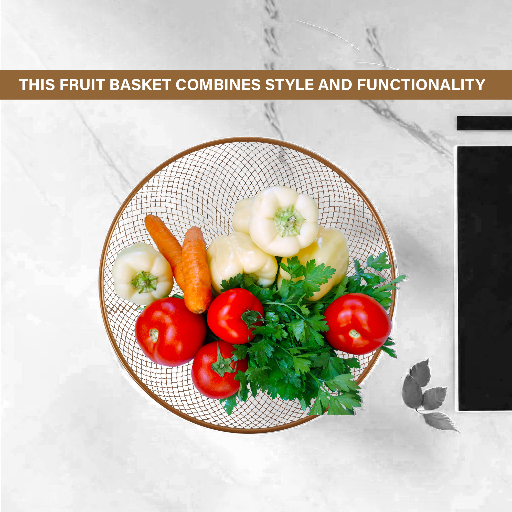 Kuber Industries Stainless Steel Mesh Fruit Basket For Dining Table  Multipurpose  Easy-to-Clean Veg Basket For Kitchen - Perfect For Office Home  Restaurant HW-14-GD  Gold