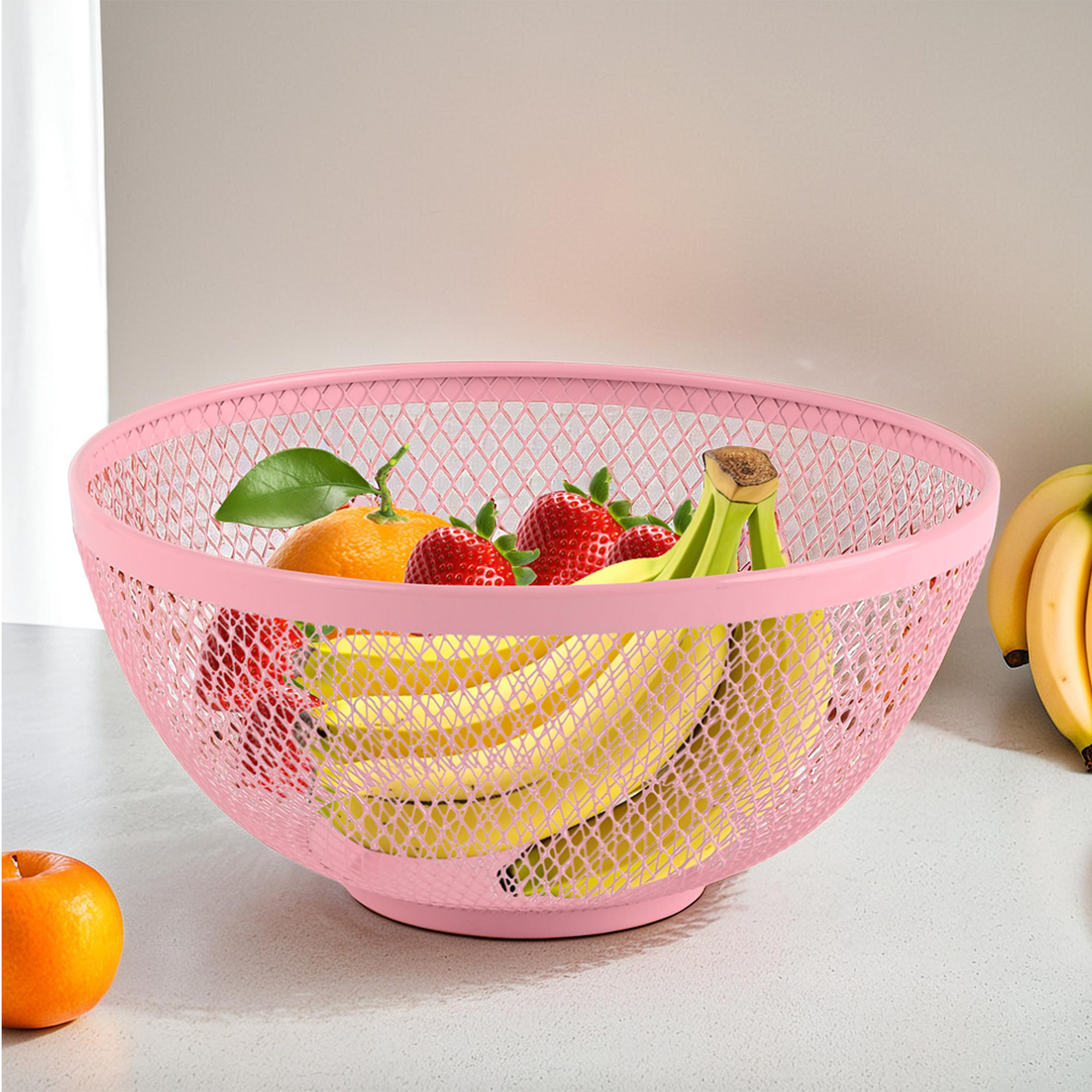 Kuber Industries Stainless Steel Mesh Fruit Basket For Dining Table  Multipurpose  Easy-to-Clean Veg Basket For Kitchen - Perfect For Office Home  Restaurant  HW-14-PNK  Pink