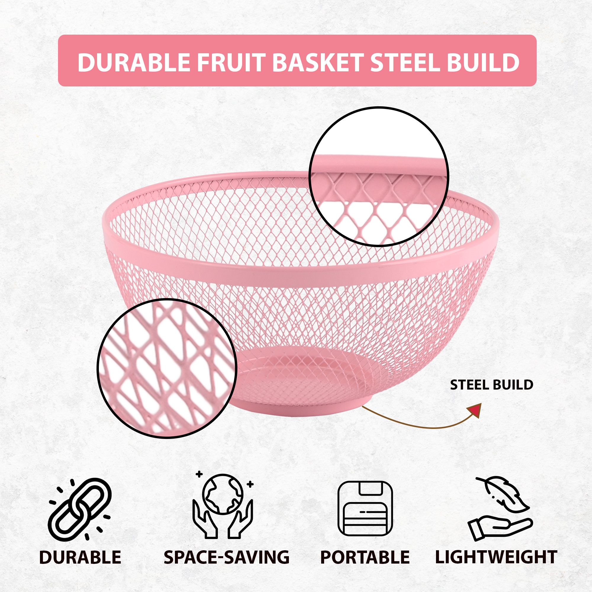 Kuber Industries Stainless Steel Mesh Fruit Basket For Dining Table  Multipurpose  Easy-to-Clean Veg Basket For Kitchen - Perfect For Office Home  Restaurant  HW-14-PNK  Pink