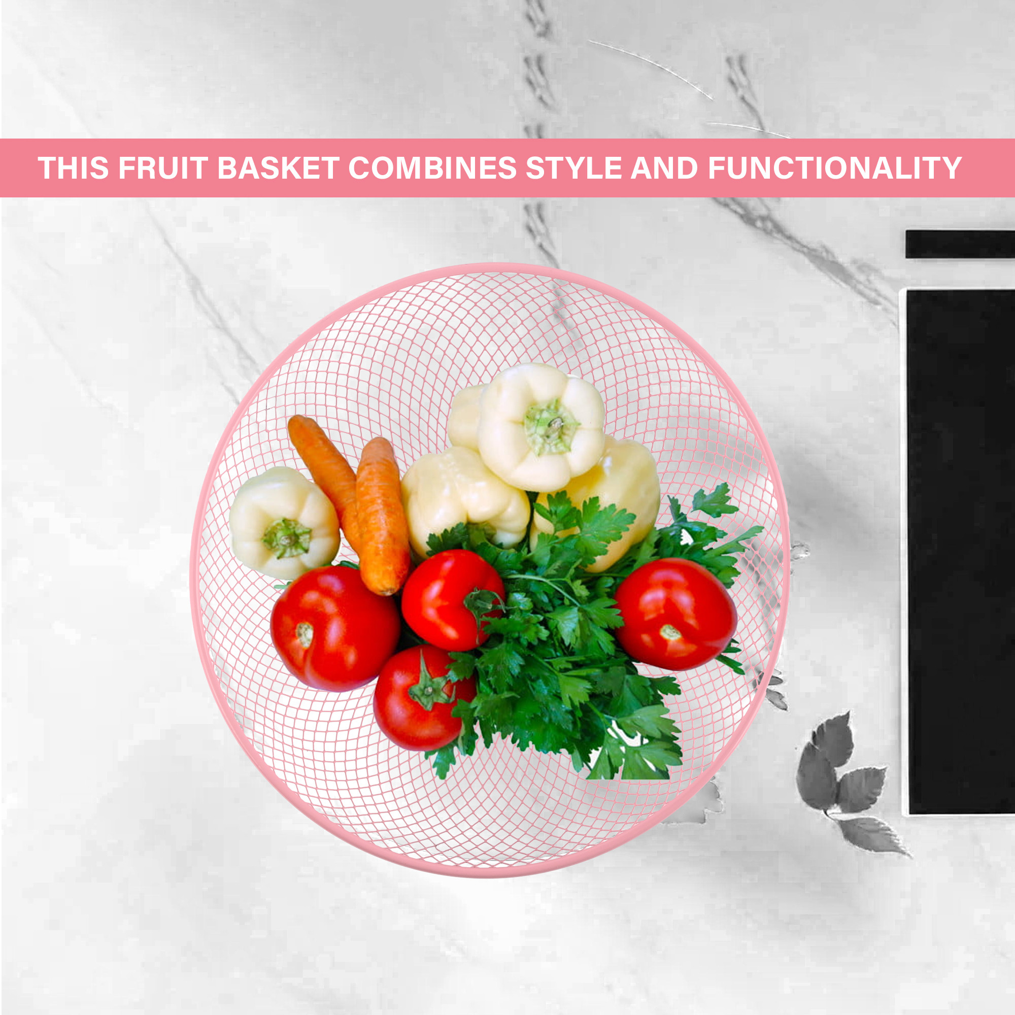 Kuber Industries Stainless Steel Mesh Fruit Basket For Dining Table  Multipurpose  Easy-to-Clean Veg Basket For Kitchen - Perfect For Office Home  Restaurant  HW-14-PNK  Pink