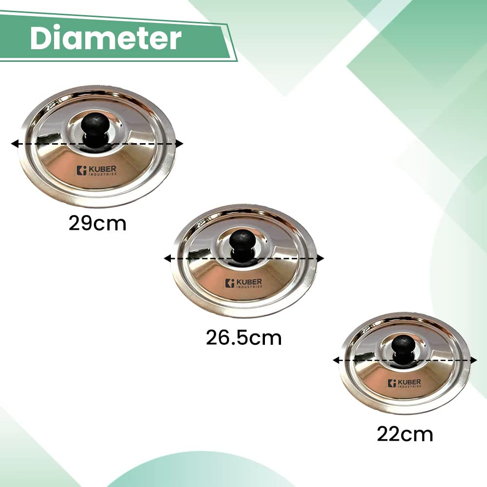 Kuber Industries Stainless Steel Multipurpose Lid with Knob | Sturdy Knob & Durable | Suitable for Pots, Pans, Kadhai, Tawa | Easy to Clean & Hold | Steel Cooking Lid Set of 3