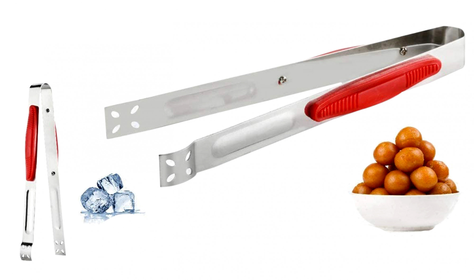 Kuber Industries Stainless Steel Multipurpose Tong For Cooking & Serving Ice, Salad, Roti Etc With Grip (Red)