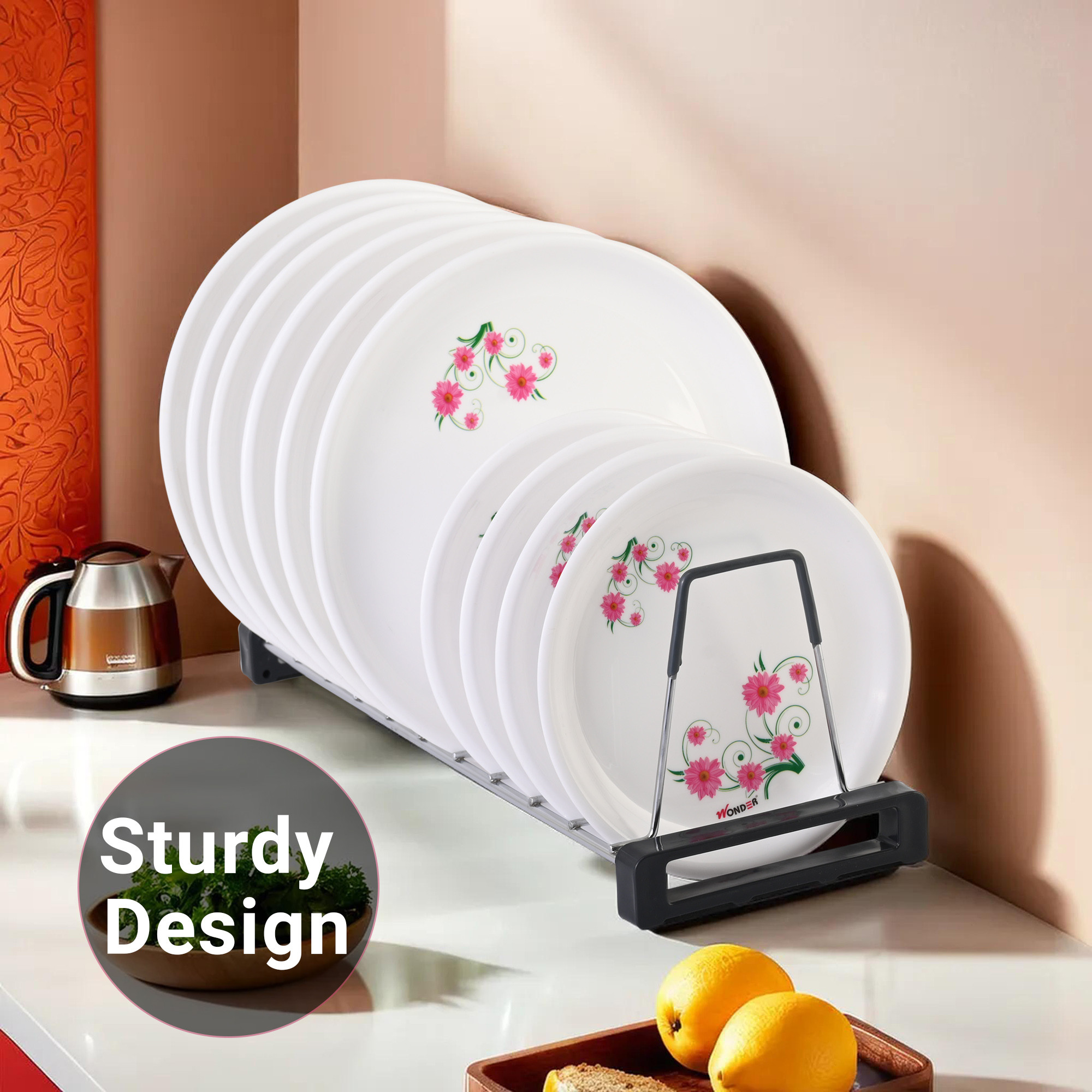 Kuber Industries Stainless Steel Plate Stand for Kitchen  20 Inch Crockery Rack Organizer With Rubber Grip  10 Sections - Silver  Grey