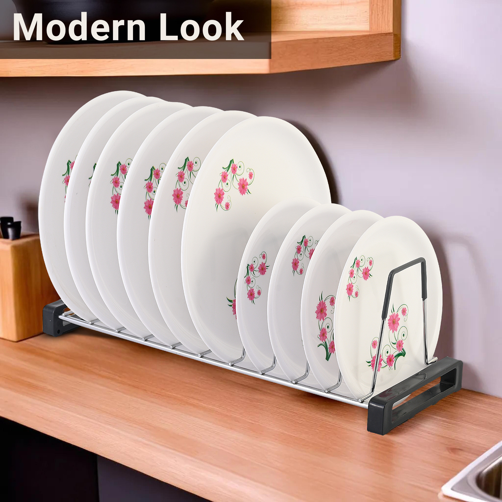 Kuber Industries Stainless Steel Plate Stand for Kitchen  20 Inch Crockery Rack Organizer With Rubber Grip  10 Sections - Silver  Grey