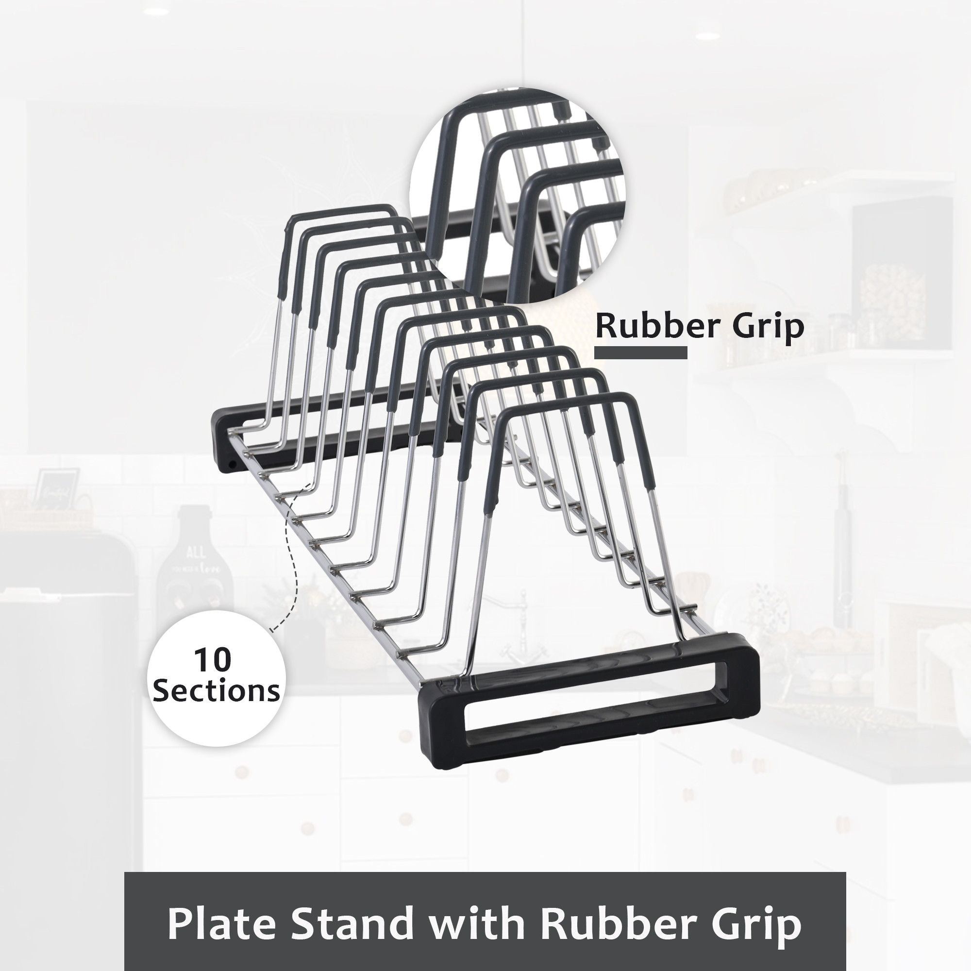 Kuber Industries Stainless Steel Plate Stand for Kitchen  20 Inch Crockery Rack Organizer With Rubber Grip  10 Sections - Silver  Grey