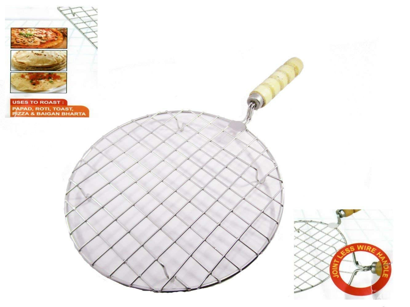 Kuber Industries Stainless Steel Round Papad JaliRoti Roast GrillPapad Roast Grill with Wooden Handle Silver