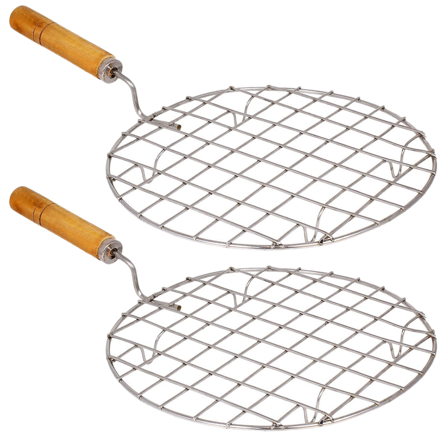 Kuber Industries Stainless Steel Round Papad JaliRoti Roast GrillPapad Roast Grill with Wooden Handle Silver