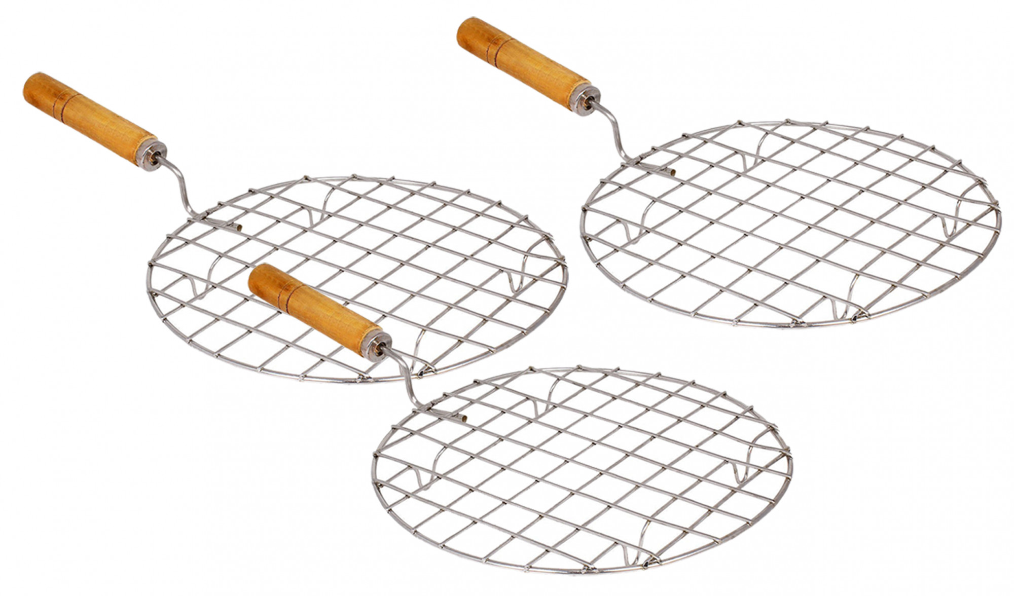 Kuber Industries Stainless Steel Round Papad JaliRoti Roast GrillPapad Roast Grill with Wooden Handle Silver