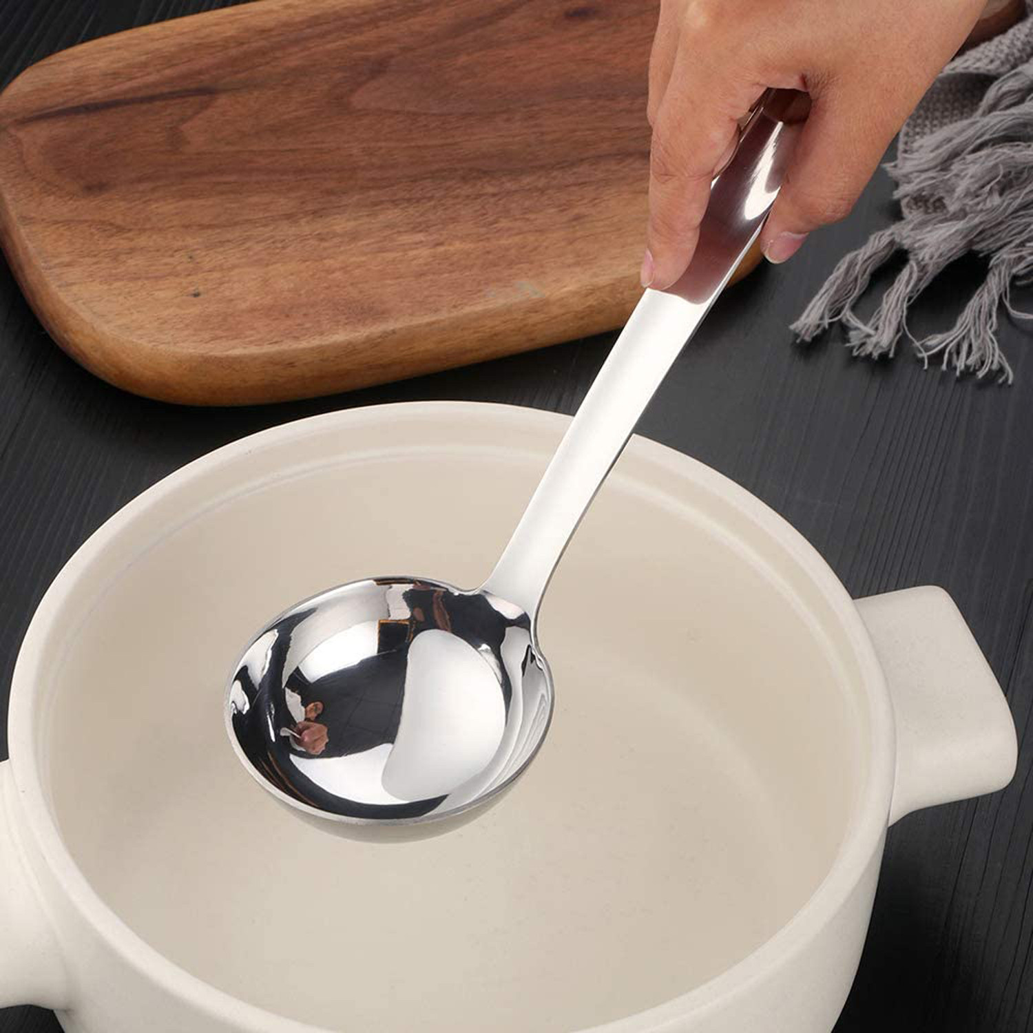 Kuber Industries Stainless Steel Soup Ladle with Long Handle And Ample Bowl Capacity Perfect for Stirring, Serving Soups And More (Silver)